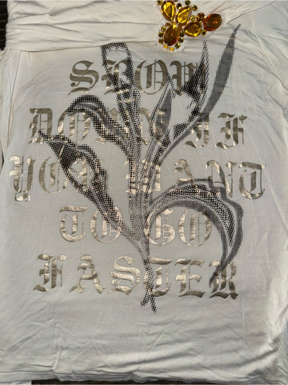 White Off Shoulder Graphic Tee W/ Gold & Rhinestone Details, Made in Italy - Picture 5 of 8